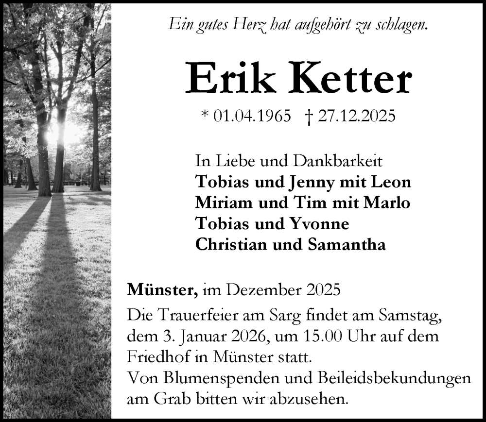  Traueranzeige für Erik Ketter vom 31.12.2025 aus Weilburger Tageblatt