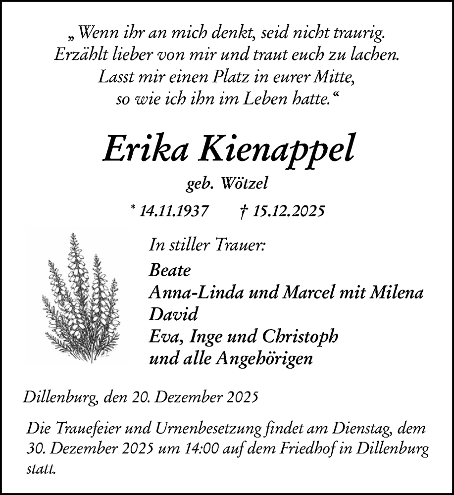  Traueranzeige für Erika Kienappel vom 22.12.2025 aus Dill Block