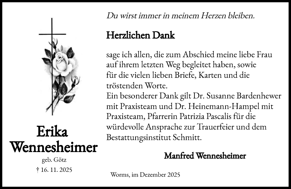  Traueranzeige für Erika Wennesheimer vom 20.12.2025 aus Wormser Zeitung