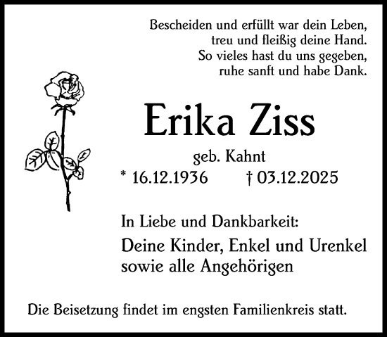 Traueranzeige von Erika Ziss von Wiesbadener Kurier