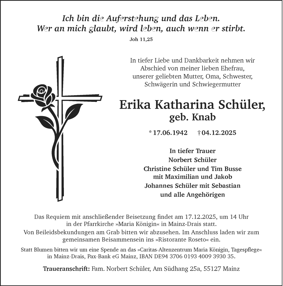  Traueranzeige für Erika Katharina Schüler vom 06.12.2025 aus Allgemeine Zeitung Mainz