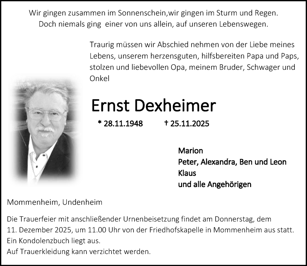  Traueranzeige für Ernst Dexheimer vom 06.12.2025 aus Allgemeine Zeitung Mainz