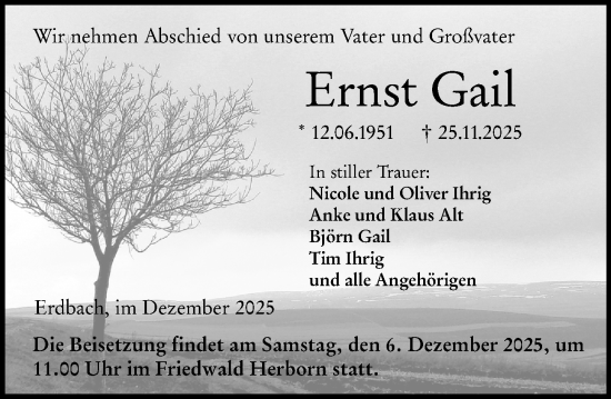 Traueranzeige von Ernst Gail von Dill Block