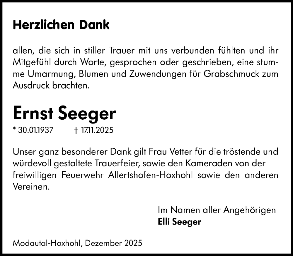  Traueranzeige für Ernst Seeger vom 20.12.2025 aus Darmstädter Echo