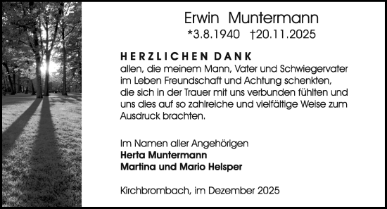 Traueranzeige von Erwin Muntermann von Odenwälder Echo