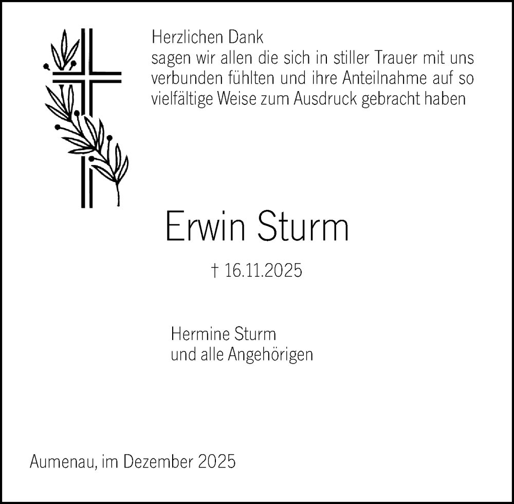  Traueranzeige für Erwin Sturm vom 13.12.2025 aus Weilburger Tageblatt