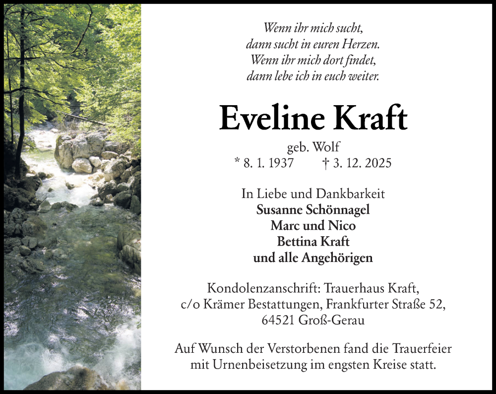  Traueranzeige für Eveline Kraft vom 20.12.2025 aus Groß-Gerauer Echo