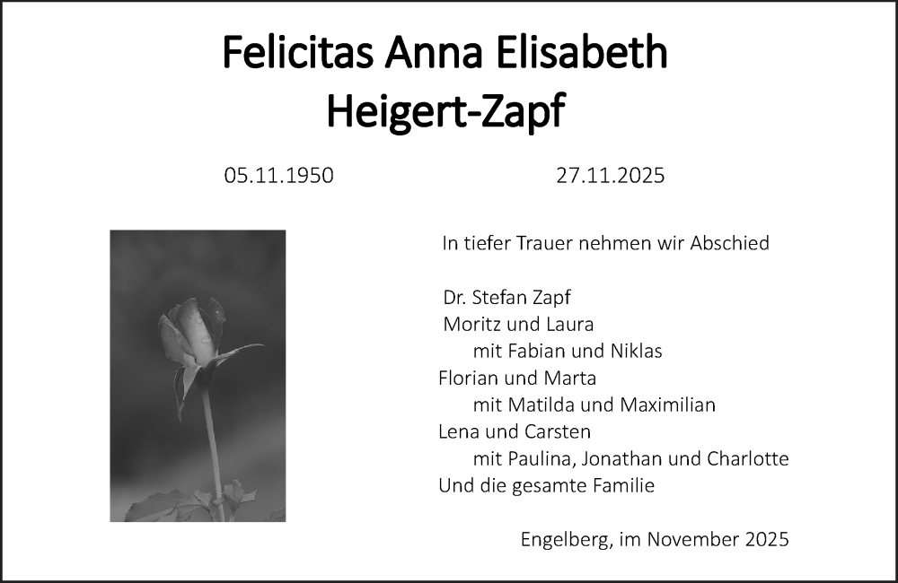  Traueranzeige für Felicitas Anna Elisabeth Heigert-Zapf vom 13.12.2025 aus Allgemeine Zeitung Mainz