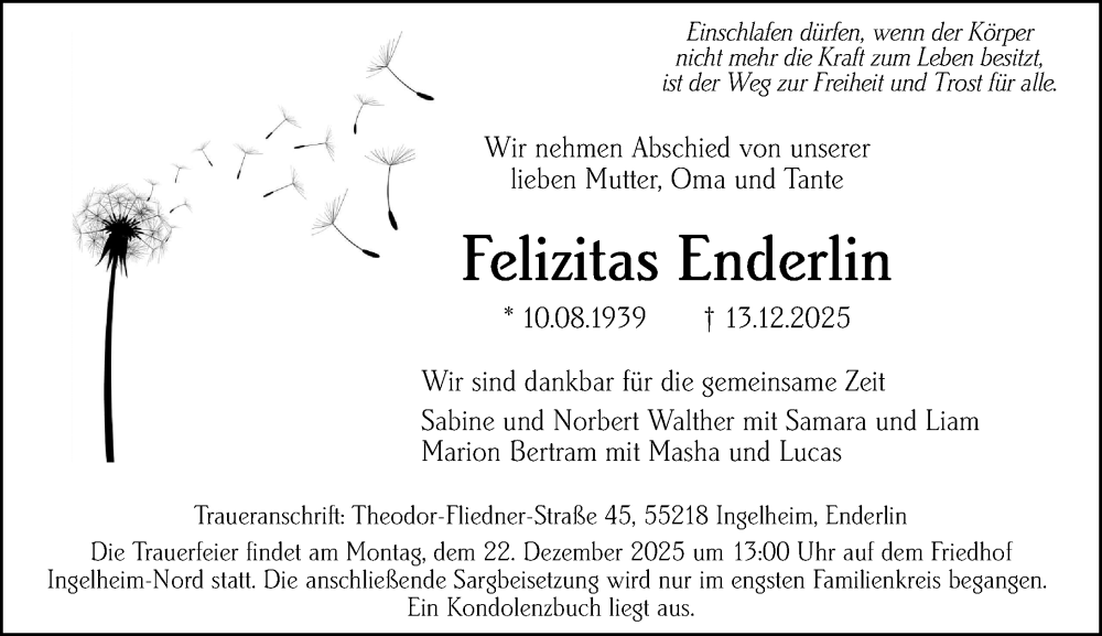  Traueranzeige für Felizitas Enderlin vom 20.12.2025 aus Allgemeine Zeitung Rheinhessen-Nahe