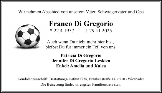 Traueranzeige von Franco Di Gregorio von Wiesbadener Kurier