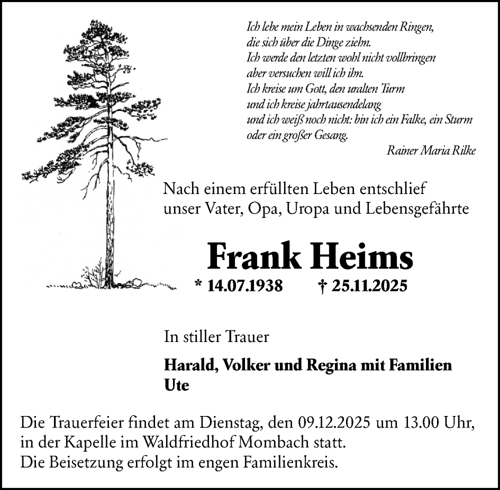  Traueranzeige für Frank Heims vom 06.12.2025 aus Allgemeine Zeitung Mainz