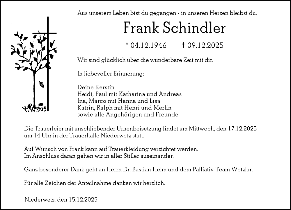  Traueranzeige für Frank Schindler vom 15.12.2025 aus Wetzlarer Neue Zeitung