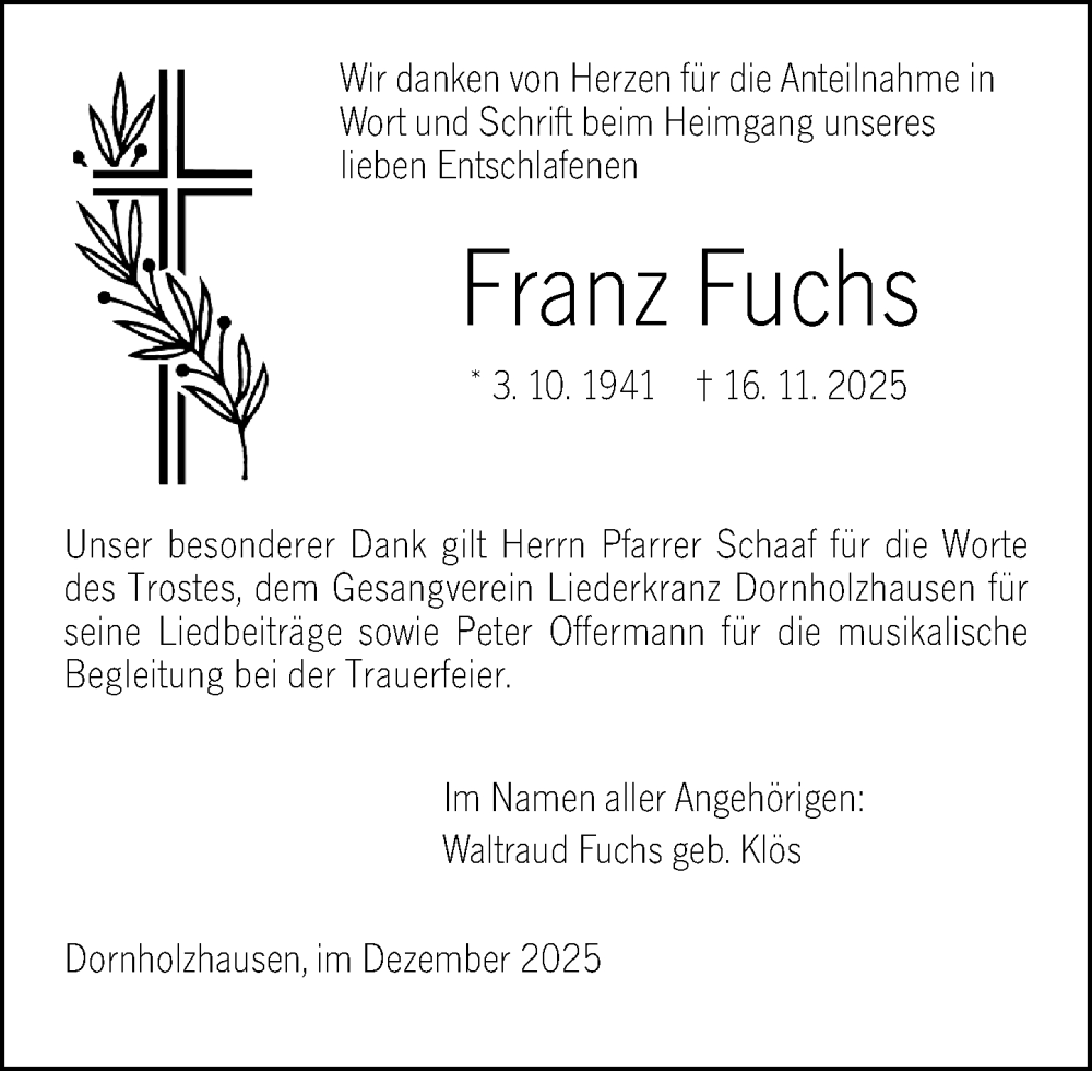  Traueranzeige für Franz Fuchs vom 19.12.2025 aus Wetzlarer Neue Zeitung