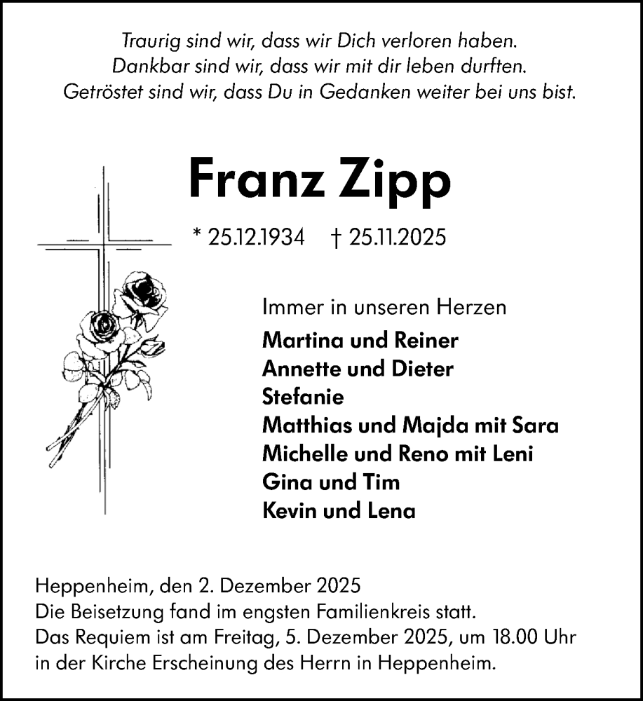  Traueranzeige für Franz Zipp vom 02.12.2025 aus Starkenburger Echo
