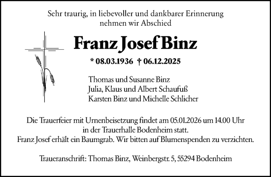Traueranzeige von Franz Josef Binz von Allgemeine Zeitung Mainz