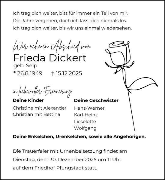 Traueranzeige von Frieda Dickert von Darmstädter Echo