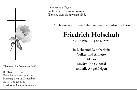 Traueranzeige von Friedrich Holschuh von Odenwälder Echo