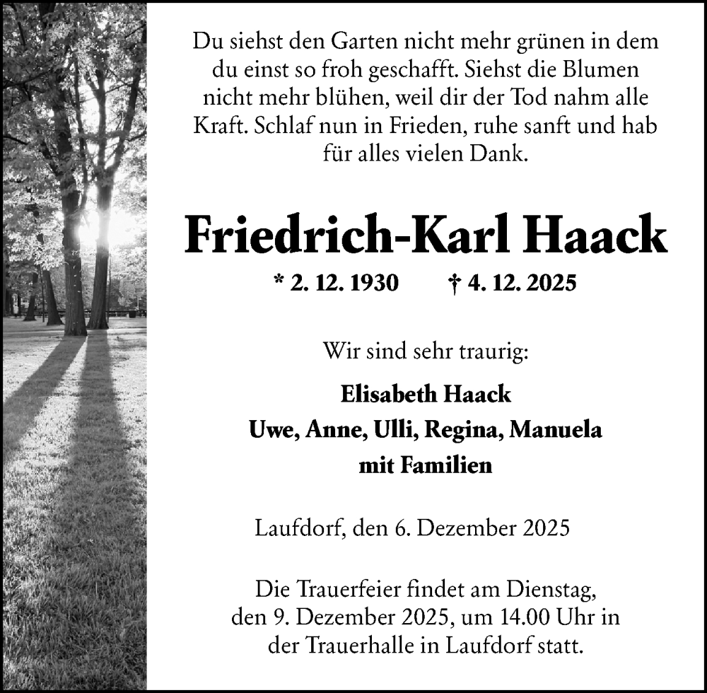  Traueranzeige für Friedrich-Karl Haack vom 06.12.2025 aus Wetzlarer Neue Zeitung