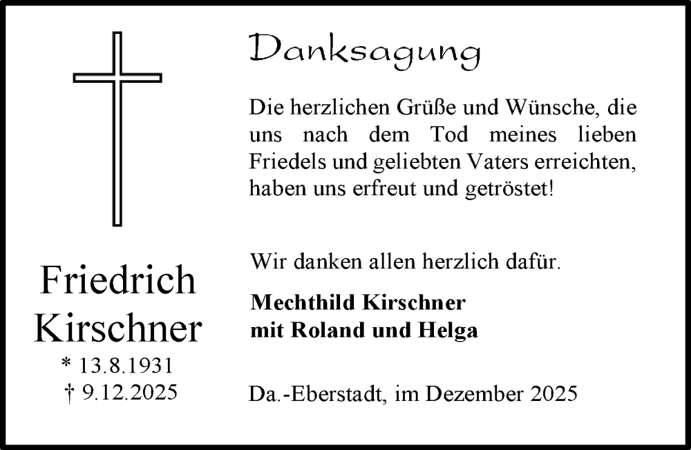  Traueranzeige für Friedrich Kirschner vom 27.12.2025 aus Darmstädter Echo