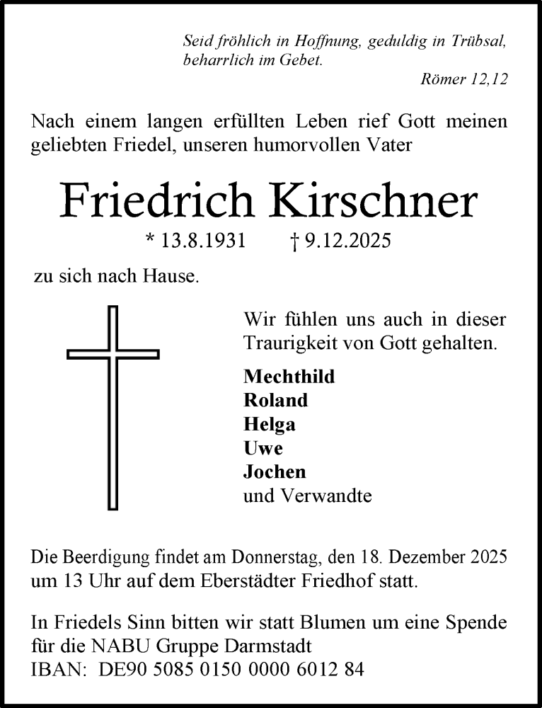  Traueranzeige für Friedrich Kirschner vom 13.12.2025 aus Darmstädter Echo