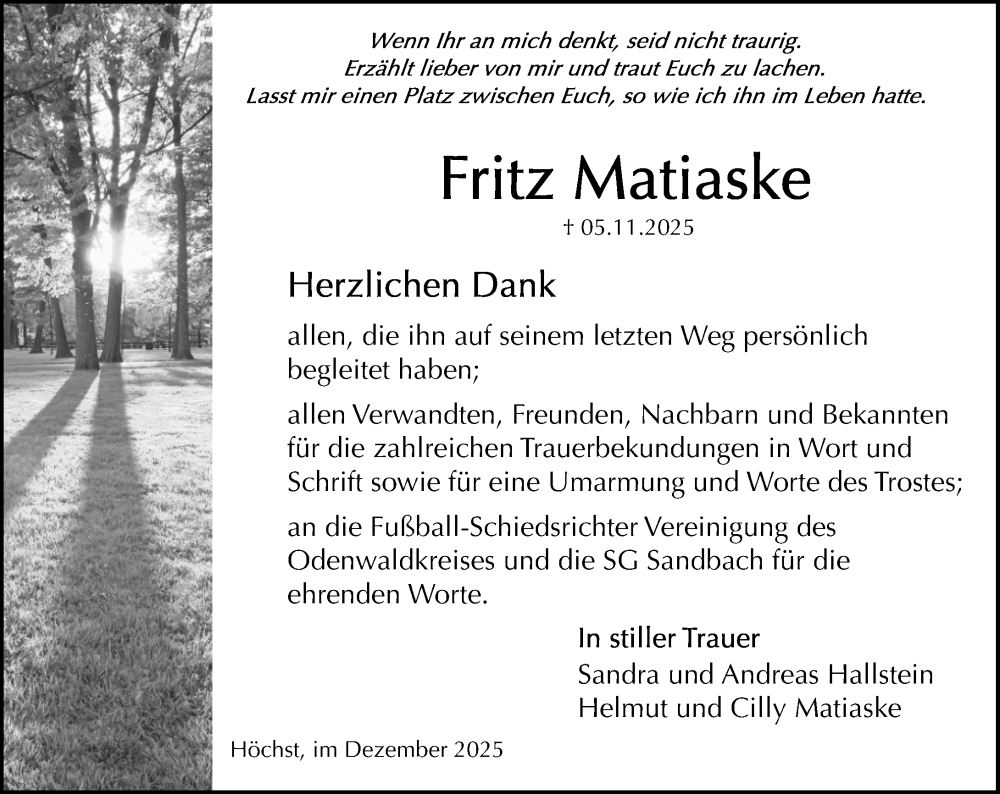  Traueranzeige für Fritz Matiaske vom 20.12.2025 aus Odenwälder Echo