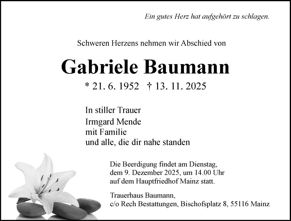  Traueranzeige für Gabriele Baumann vom 06.12.2025 aus Allgemeine Zeitung Mainz