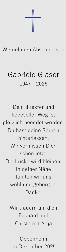 Traueranzeige von Gabriele Glaser von Allgemeine Zeitung Mainz