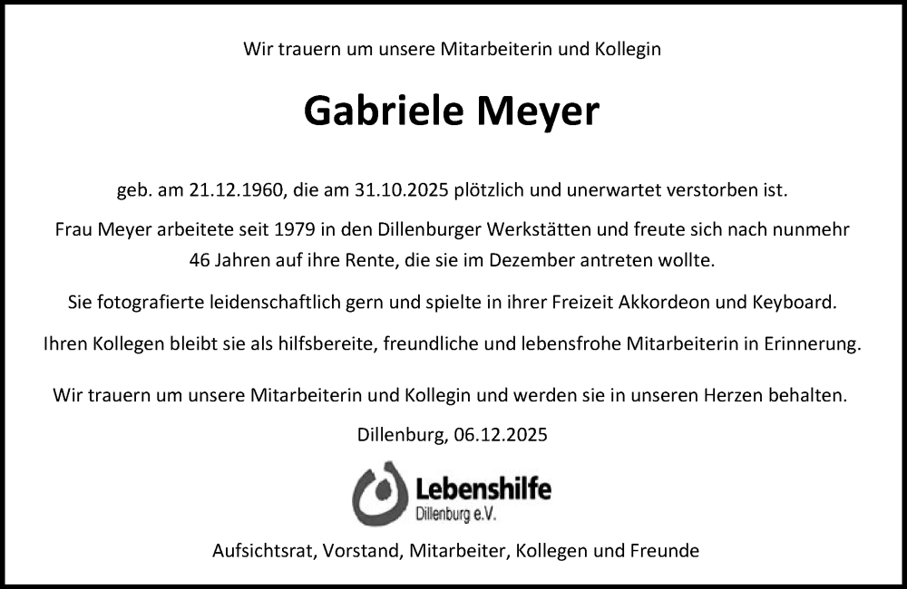  Traueranzeige für Gabriele Meyer vom 06.12.2025 aus Dill Block
