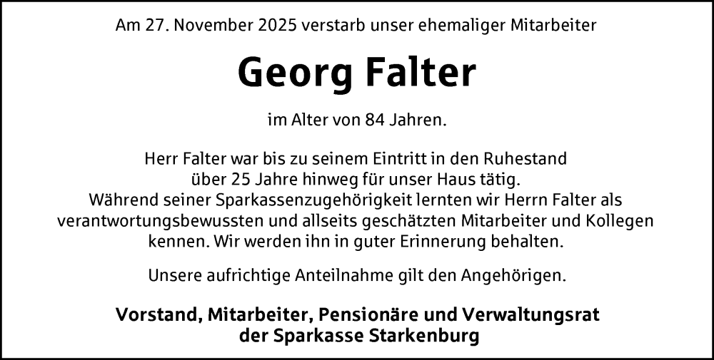  Traueranzeige für Georg Falter vom 02.12.2025 aus Starkenburger Echo
