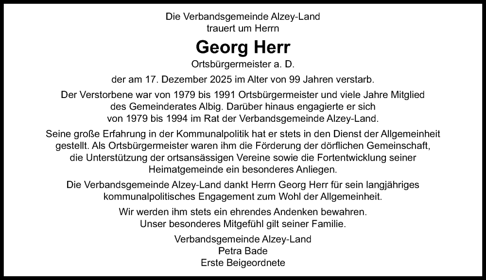  Traueranzeige für Georg Herr vom 27.12.2025 aus Allgemeine Zeitung Alzey