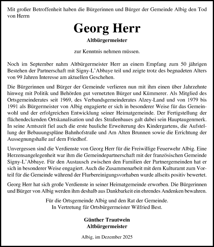  Traueranzeige für Georg Herr vom 30.12.2025 aus Allgemeine Zeitung Alzey