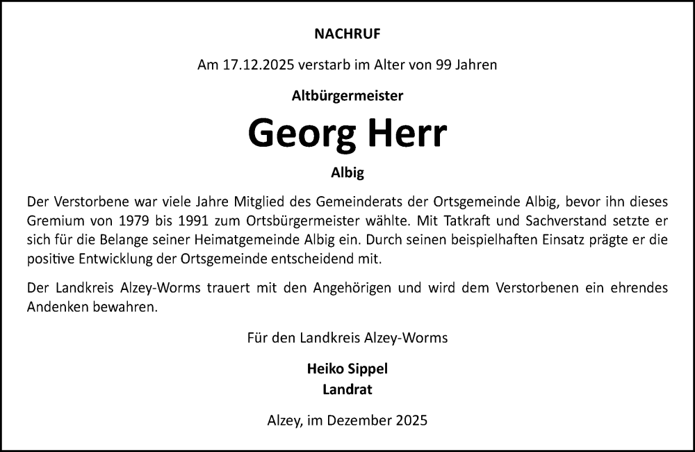  Traueranzeige für Georg Herr vom 30.12.2025 aus Allgemeine Zeitung Alzey