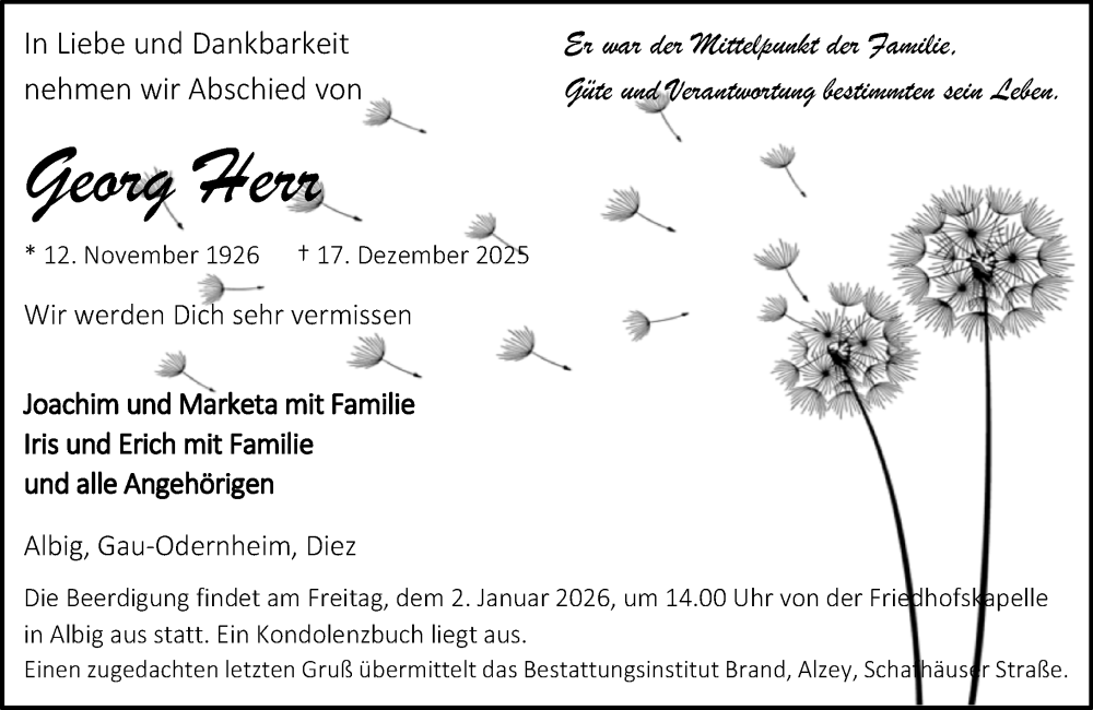  Traueranzeige für Georg Herr vom 20.12.2025 aus Allgemeine Zeitung Alzey