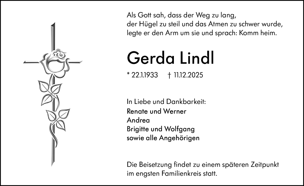  Traueranzeige für Gerda Lindl vom 20.12.2025 aus Wetzlarer Neue Zeitung