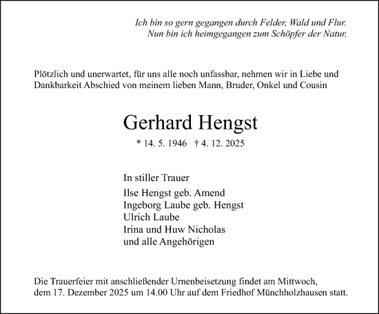 Traueranzeige von Gerhard Hengst von Wetzlarer Neue Zeitung