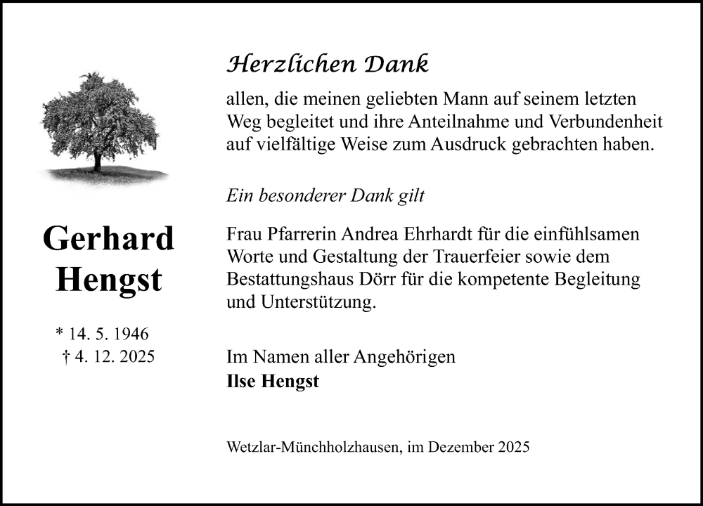  Traueranzeige für Gerhard Hengst vom 31.12.2025 aus Wetzlarer Neue Zeitung