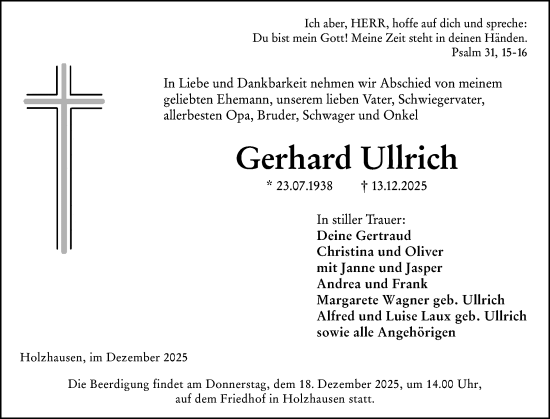 Traueranzeige von Gerhard Ullrich von Hinterländer Anzeiger