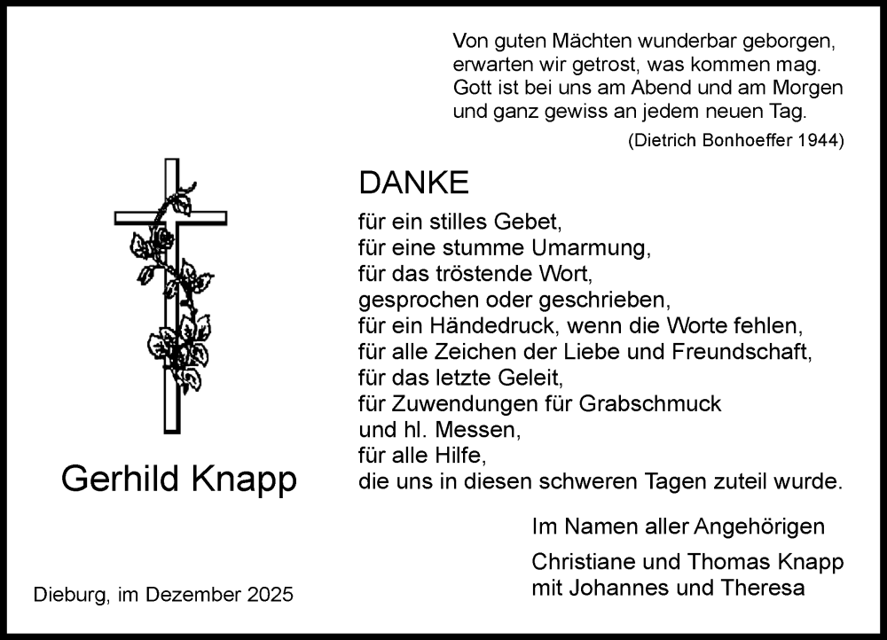  Traueranzeige für Gerhild Knapp vom 20.12.2025 aus Dieburger Anzeiger/Groß-Zimmerner Lokal-Anzeiger
