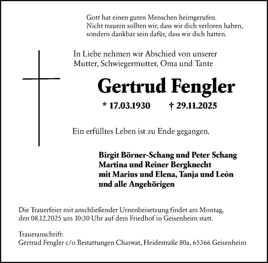 Traueranzeige von Gertrud Fengler von Wiesbadener Kurier