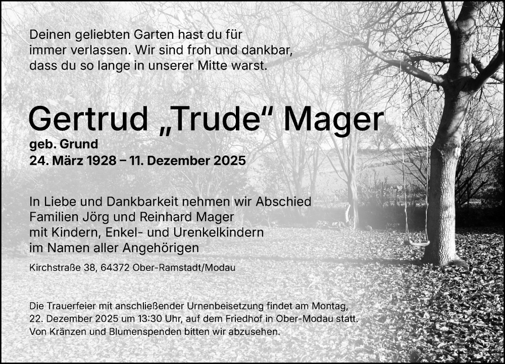  Traueranzeige für Gertrud Mager vom 20.12.2025 aus Darmstädter Echo