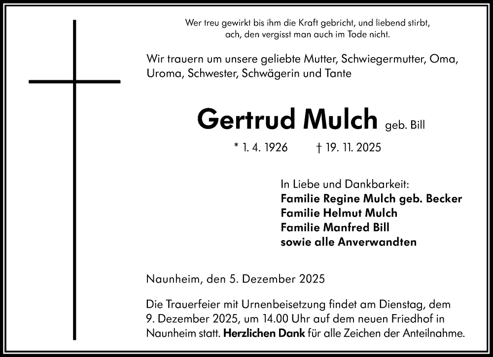  Traueranzeige für Gertrud Mulch vom 05.12.2025 aus Wetzlarer Neue Zeitung