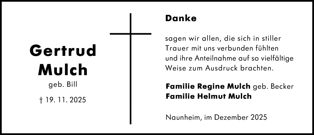  Traueranzeige für Gertrud Mulch vom 30.12.2025 aus Wetzlarer Neue Zeitung