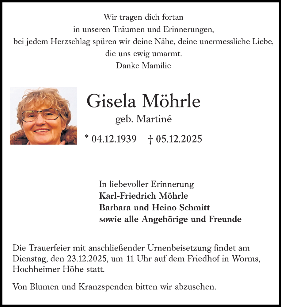  Traueranzeige für Gisela Möhrle vom 20.12.2025 aus Wormser Zeitung