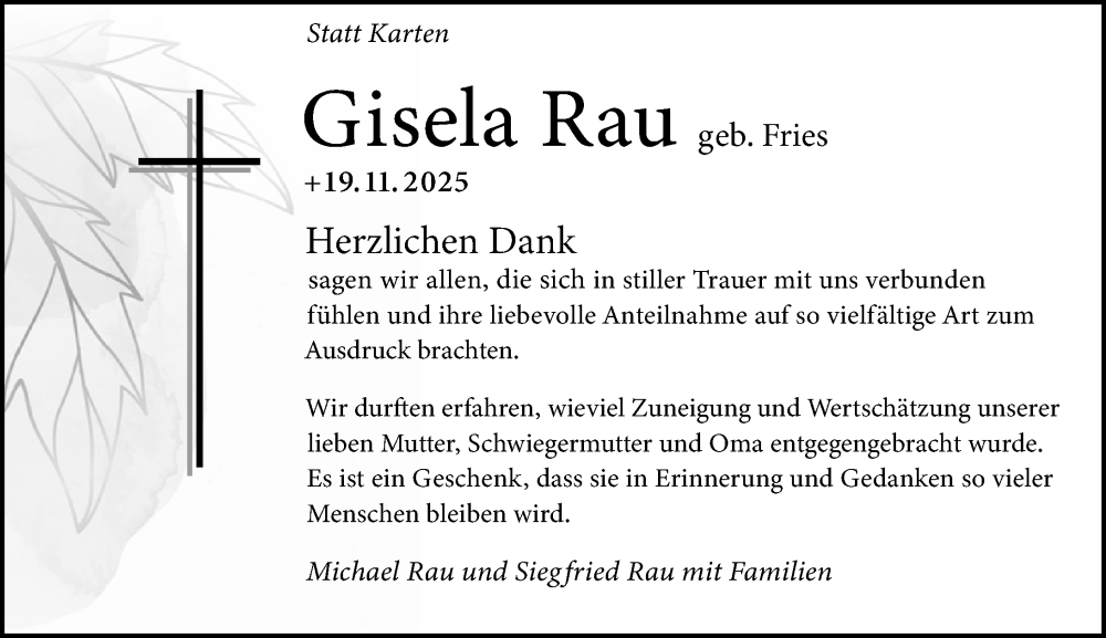  Traueranzeige für Gisela Rau vom 13.12.2025 aus Wetzlarer Neue Zeitung