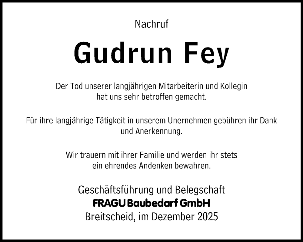  Traueranzeige für Gudrun Fey vom 19.12.2025 aus Dill Block
