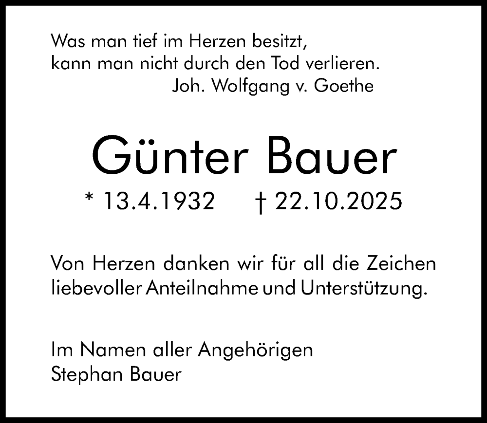  Traueranzeige für Günter Bauer vom 06.12.2025 aus Binger-/Ingelheimer Wochenblatt