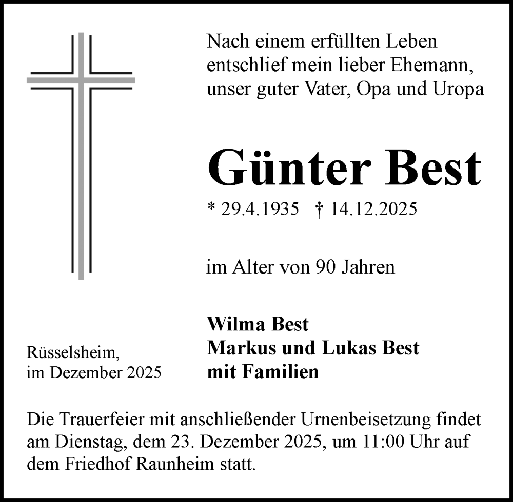  Traueranzeige für Günter Best vom 20.12.2025 aus Rüsselsheimer Echo