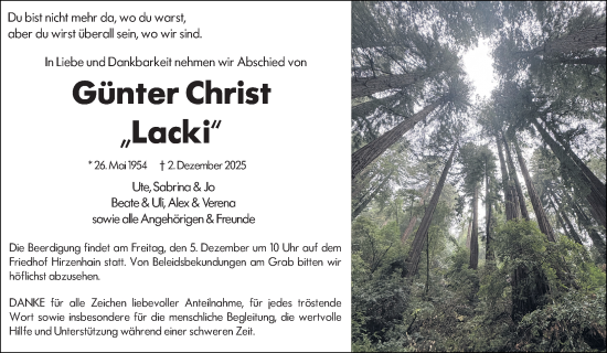 Traueranzeige von Günter Christ von Dill Block