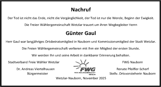 Traueranzeige von Günter Gaul von Wetzlarer Neue Zeitung