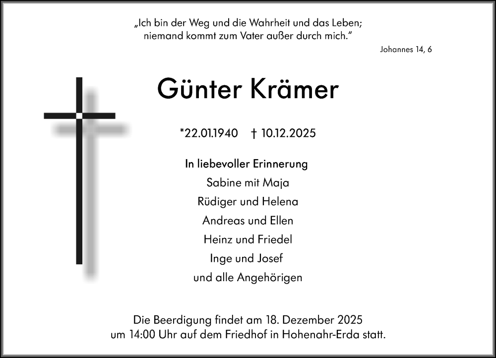  Traueranzeige für Günter Krämer vom 13.12.2025 aus Hinterländer Anzeiger